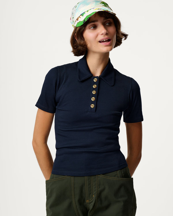 Ribbed Merino Polo 01 - Luxurious, Durable Hiking Shirt - Woad